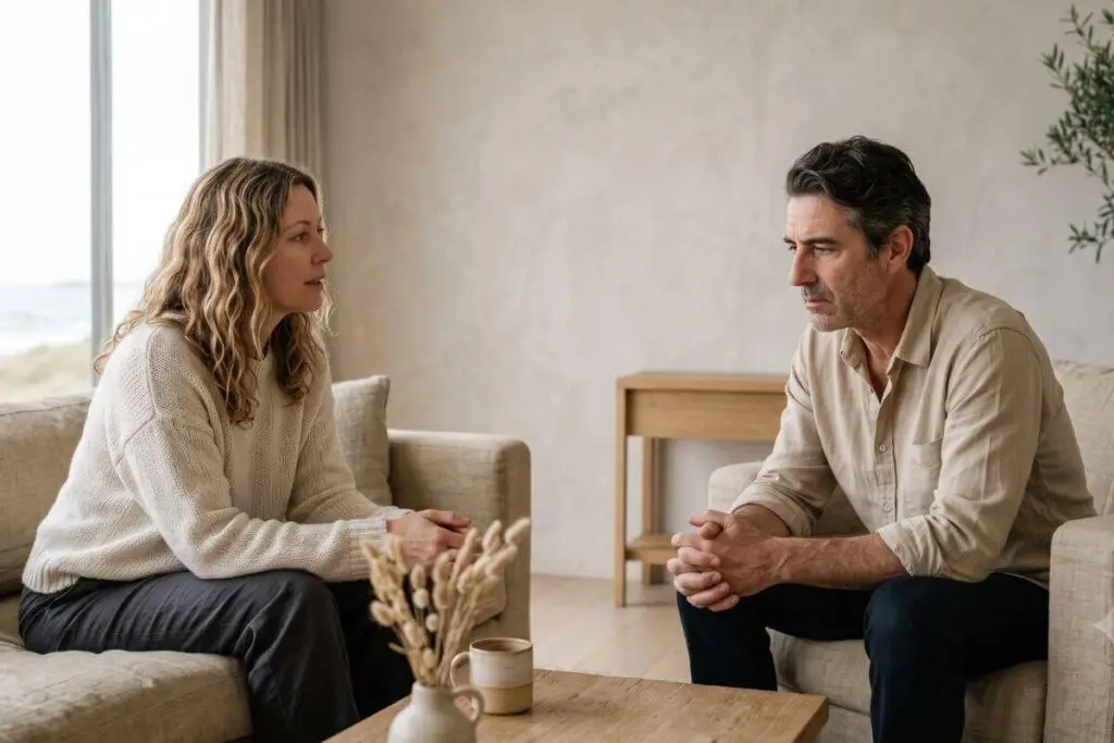 Vrouw en man in gesprek op de bank terwijl de spanning tussen hen voelbaar is