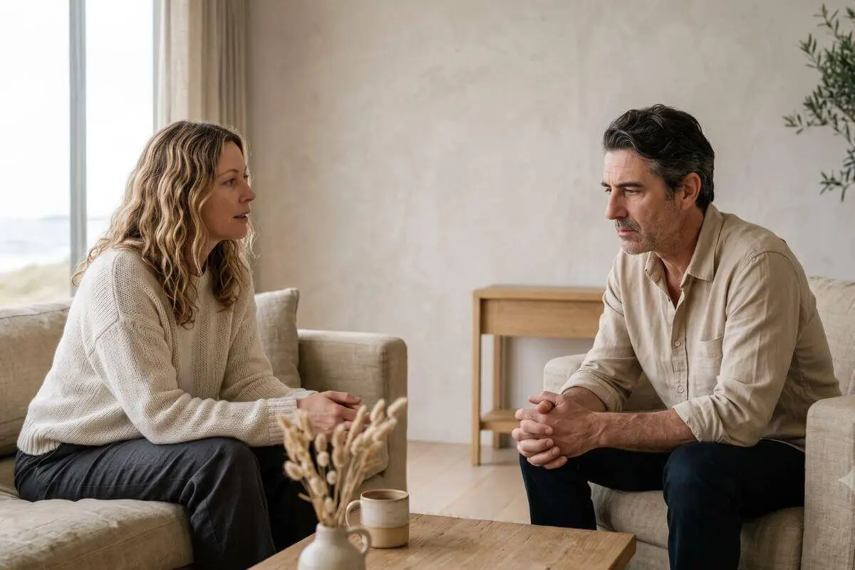 Vrouw en man in gesprek op de bank terwijl de spanning tussen hen voelbaar is