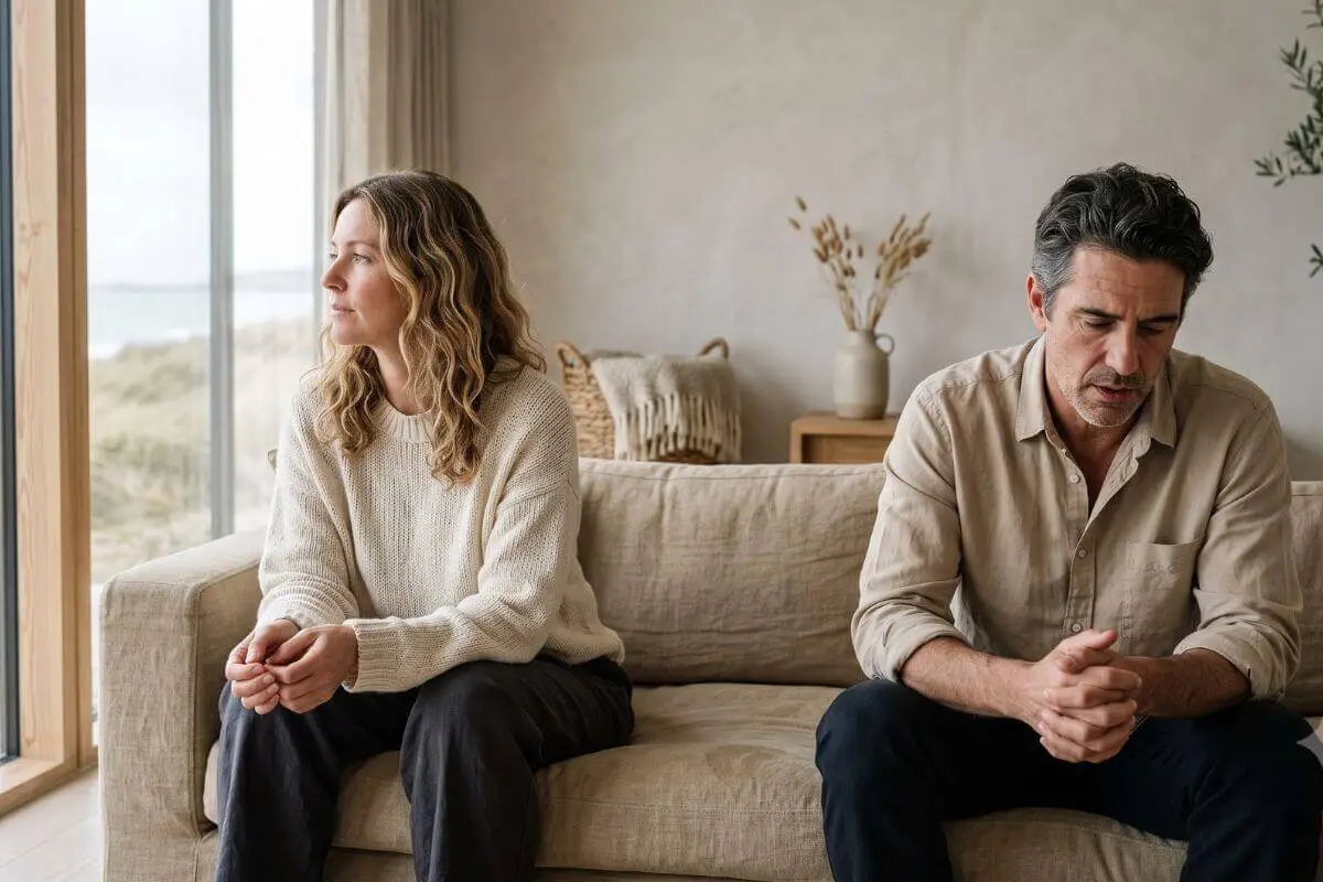 Partners zitten zwijgend van elkaar afgewend op de bank als beeld van conflictvermijding