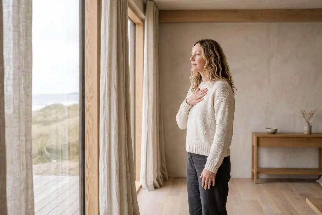 Vrouw met haar hand op haar borst ademt rustig bij het raam om haar zenuwstelsel te kalmeren