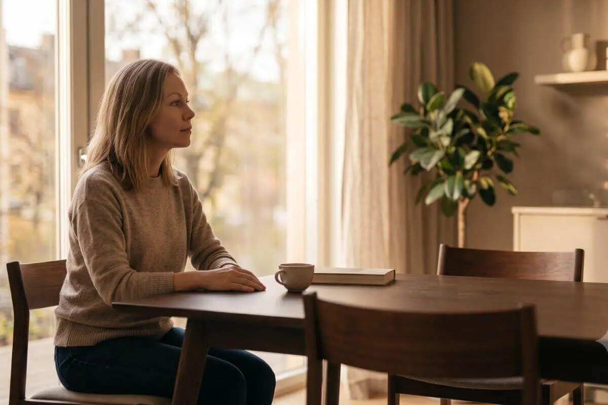Vrouw zit alleen aan de eettafel bij het raam met een kop thee, terwijl de stoel tegenover haar leeg blijft