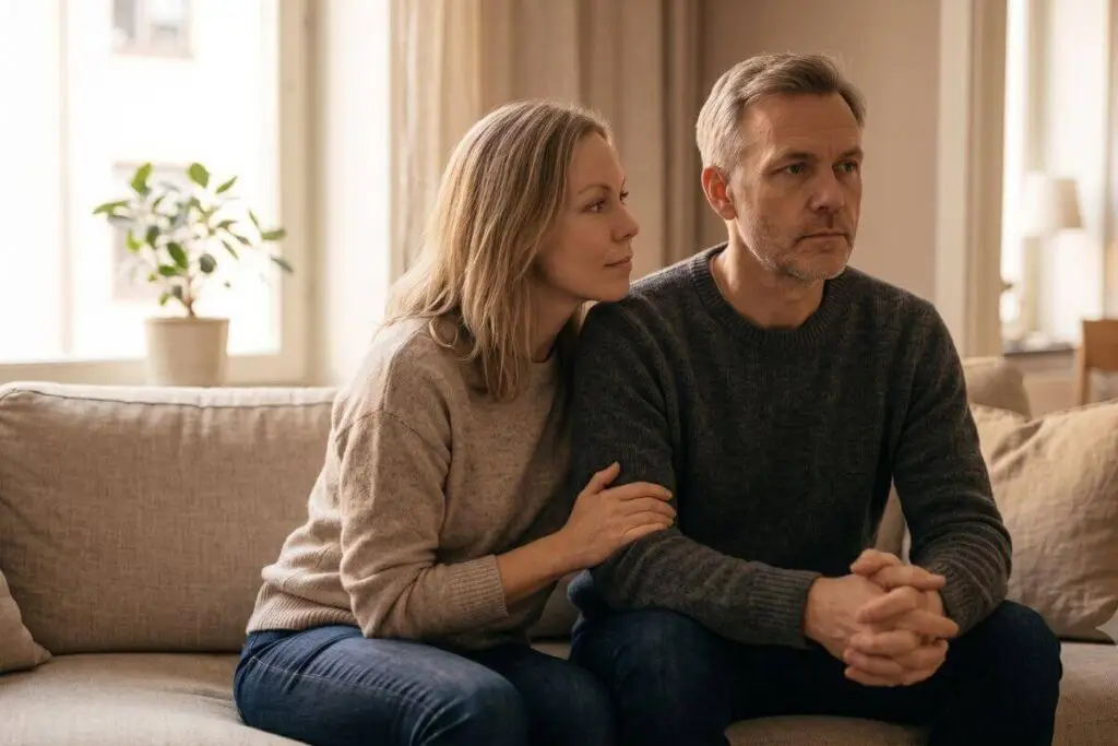 Vrouw leunt tegen haar partner en houdt zijn arm vast, terwijl hij met gesloten houding wegkijkt