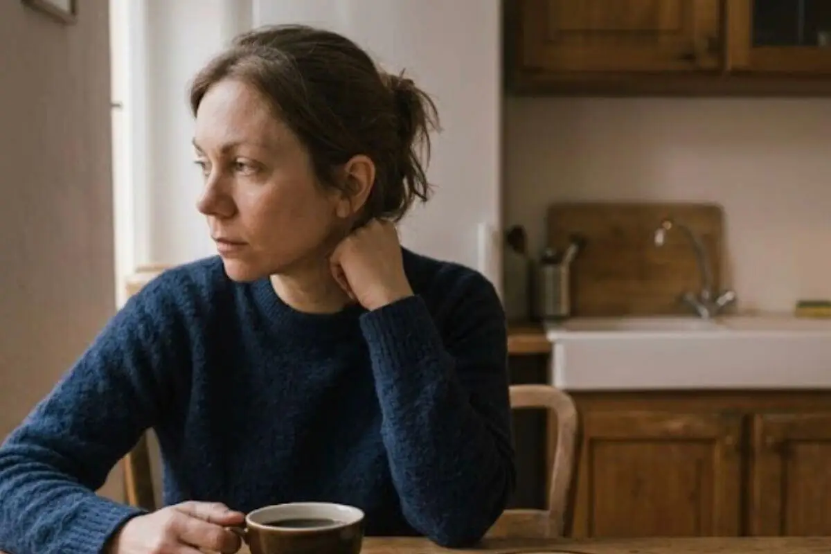 Vrouw kijkt peinzend uit het raam met koffie in haar hand als beeld voor emotionele eenzaamheid in een relatie