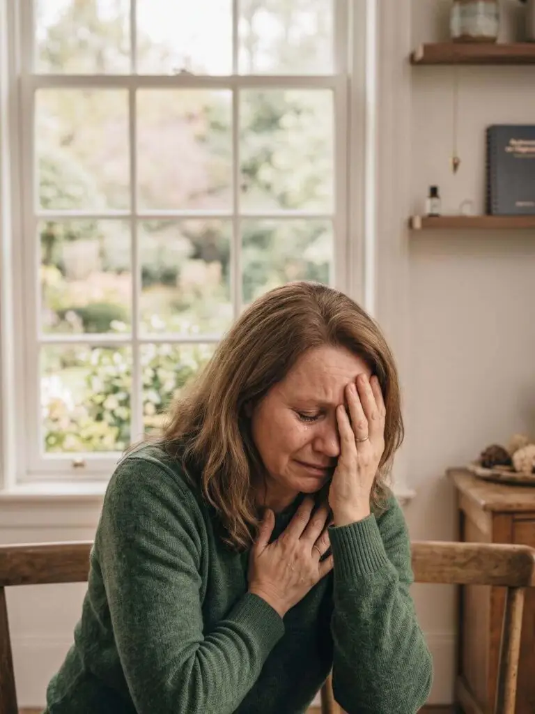 Vrouw zit verdrietig bij het raam met haar hand voor haar gezicht, als beeld bij emotionele verwaarlozing