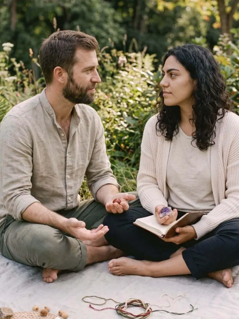 Koppel zit tegenover elkaar in gesprek in de tuin, als beeld bij emotionele volwassenheid in relaties