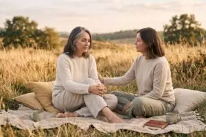 Twee vrouwen zitten in een veld en steunen elkaar, beeld bij emotionele volwassenheid en veilige verbinding