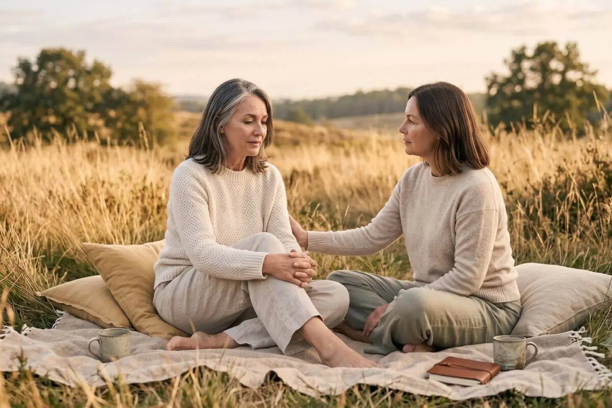 Twee vrouwen zitten in een veld en steunen elkaar, beeld bij emotionele volwassenheid en veilige verbinding