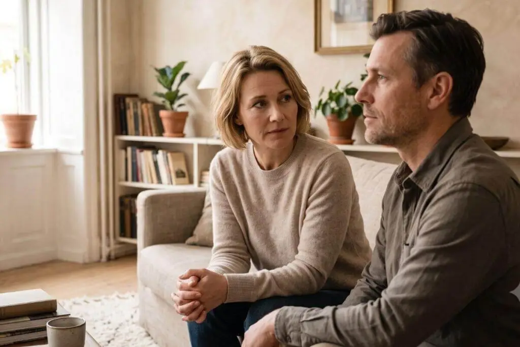 Vrouw leest bezorgd de stemming van haar partner op de bank, beeld bij fawning in een relatie
