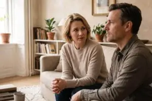 Vrouw leest bezorgd de stemming van haar partner op de bank, beeld bij fawning in een relatie