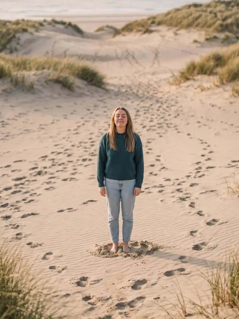 Vrouw staat rustig en aandachtig in de duinen, als beeld bij herstel van de fawn-respons en terugkeren naar jezelf