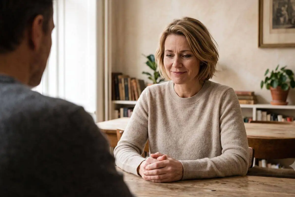 Vrouw glimlacht meegaand en kijkt omlaag tijdens een gesprek, beeld bij fawning en pleasen