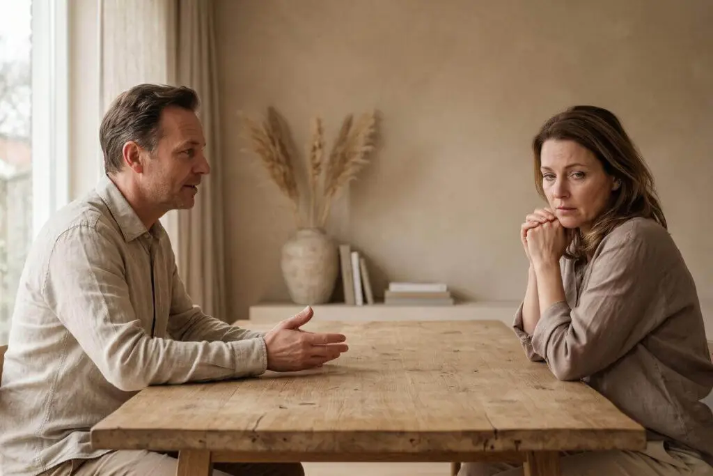 Man praat en gebaart terwijl een vrouw teruggetrokken en gespannen aan tafel zit, beeld bij gaslighting in een relatie