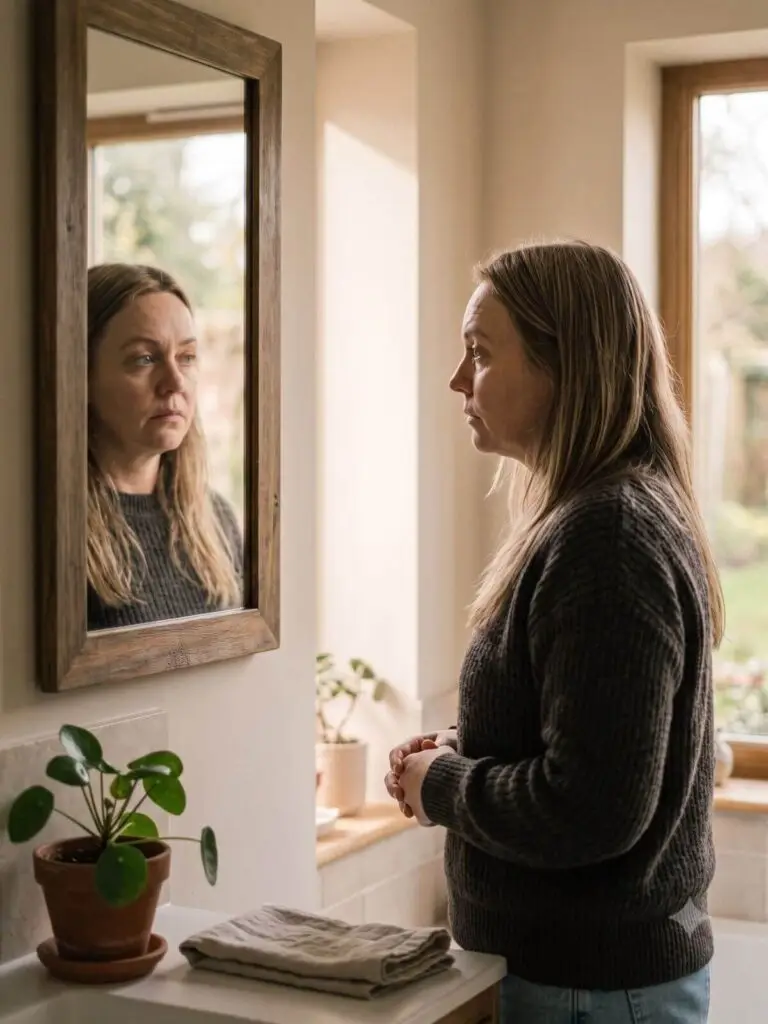 Vrouw kijkt onderzoekend naar haar spiegelbeeld, als beeld bij twijfelen aan jezelf door gaslighting