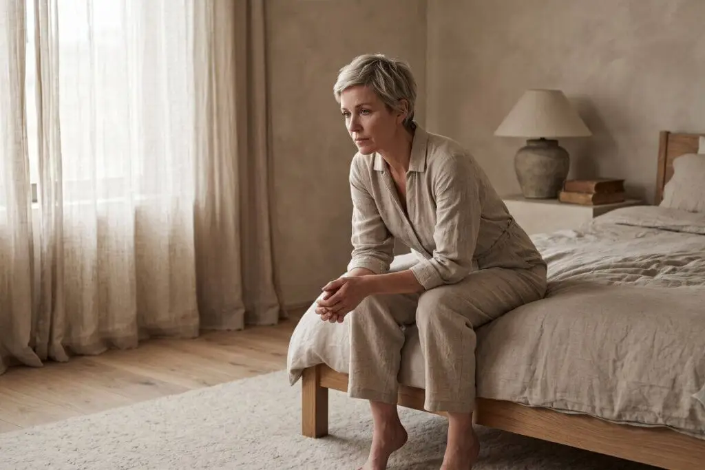Vrouw zit peinzend op de rand van haar bed en twijfelt aan zichzelf na een verwarrend gesprek