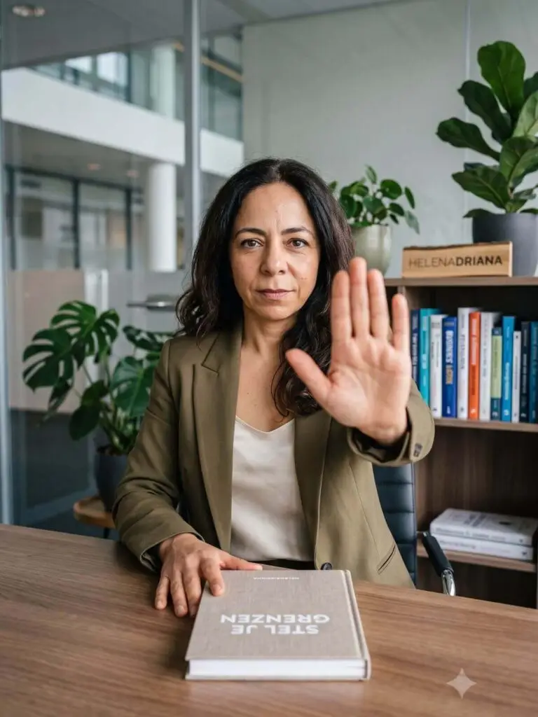 Vrouw houdt haar hand op als teken van een duidelijke grens, met een boek getiteld Stel je grenzen