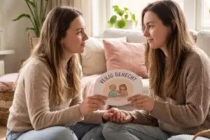 Twee vrouwen zitten tegenover elkaar en houden elkaars hand vast terwijl ze samen een kaart met de tekst Veilig gehecht bekijken
