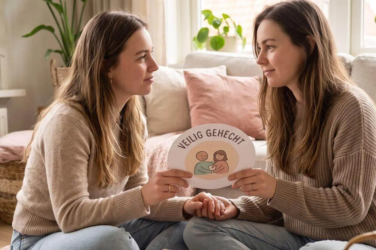 Twee vrouwen zitten tegenover elkaar en houden elkaars hand vast terwijl ze samen een kaart met de tekst Veilig gehecht bekijken