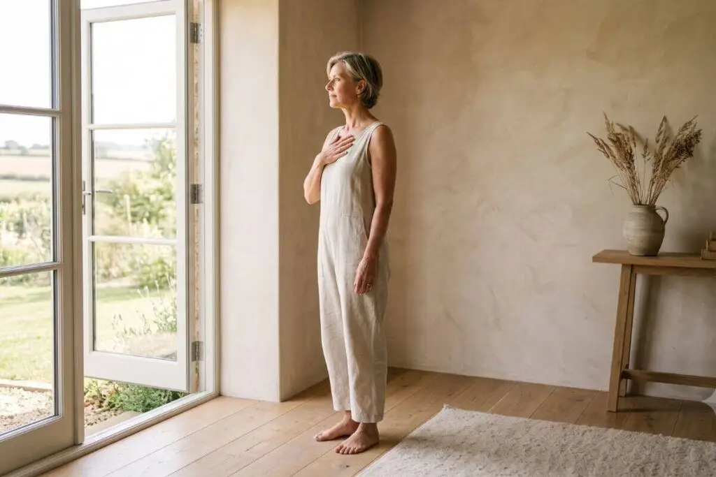 Vrouw staat bij het raam met een hand op haar hart en gesloten ogen, beeld bij herstel van gaslighting