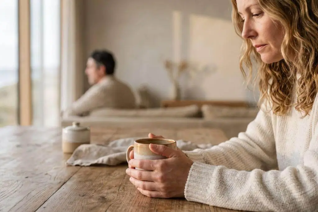 Vrouw met een kop thee op de voorgrond terwijl haar partner op afstand zit