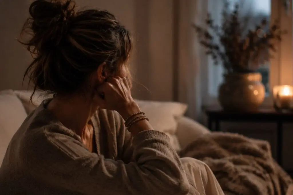 Vrouw zit met hoofd in handen in een donkere kamer als beeld voor de moeilijkheid van loslaten bij onveilige hechting Titel: Onveilige hechting loslaten relatie