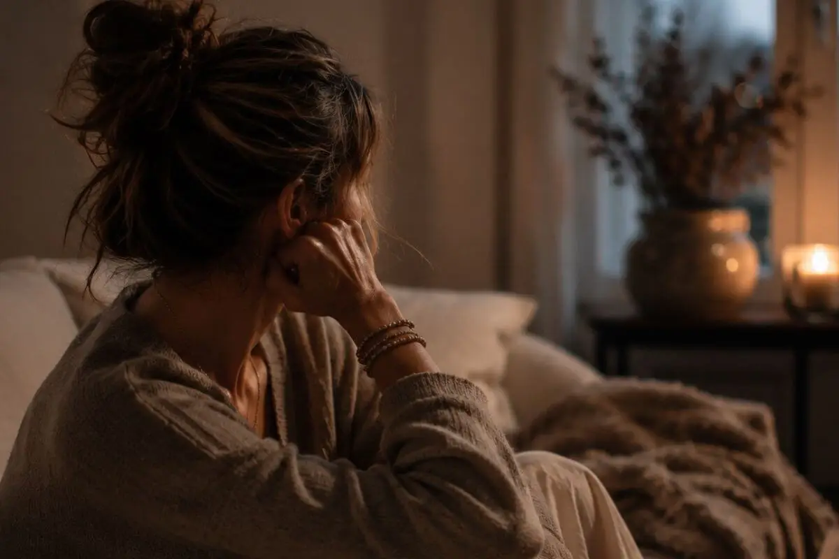 Vrouw zit met hoofd in handen in een donkere kamer als beeld voor de moeilijkheid van loslaten bij onveilige hechting Titel: Onveilige hechting loslaten relatie