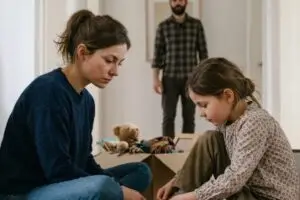 Moeder en kind zitten samen op de grond terwijl vader op afstand staat als beeld voor parentificatie in gezinsdynamiek