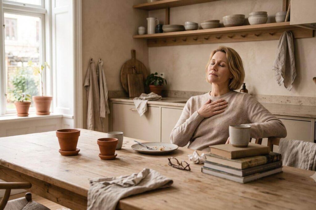 Vermoeide vrouw met een hand op haar hart aan de keukentafel, beeld bij de prijs van fawning