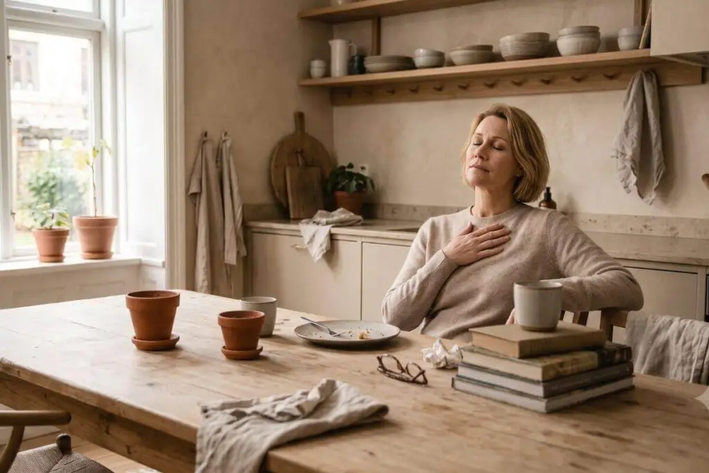 Vermoeide vrouw met een hand op haar hart aan de keukentafel, beeld bij de prijs van fawning
