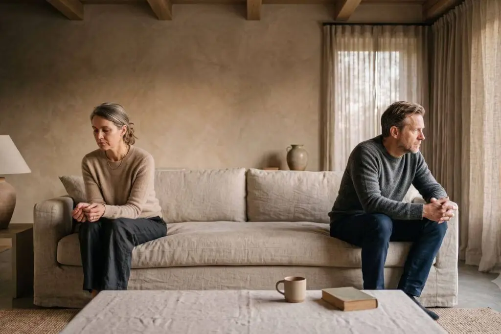 Man en vrouw zitten van elkaar afgekeerd op de bank, beeld van spanning en afstand bij traumabonding