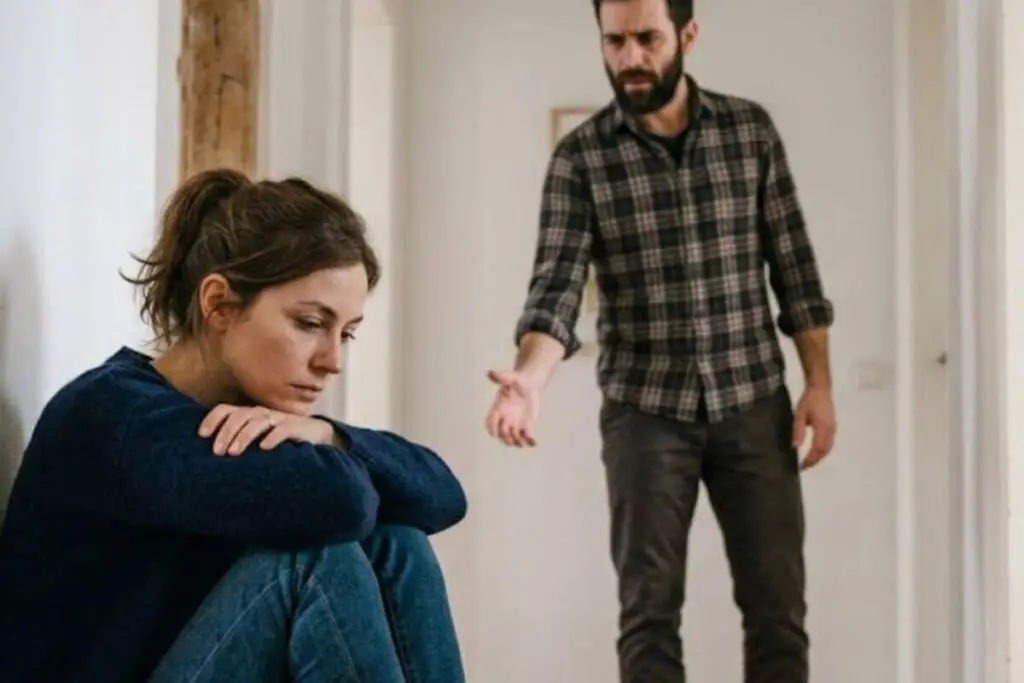 Vrouw zit ineengedoken terwijl man op afstand staat als beeld voor toxische dynamiek bij codependentie