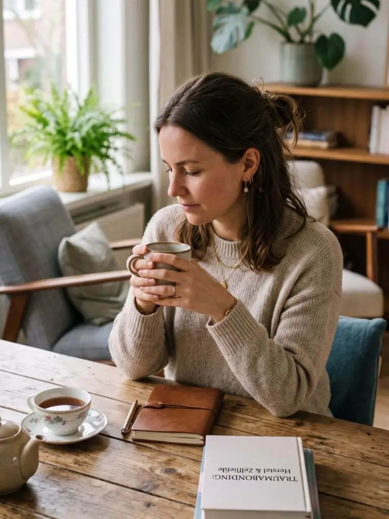 Vrouw zit rustig met een kop thee en een boek over traumabonding, herstel en zelfliefde