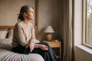 Vrouw zit met haar telefoon bij het raam en kijkt peinzend naar buiten, herkenbaar moment van traumabonding