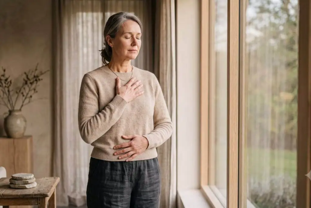 Vrouw staat bij het raam met een hand op haar hart en haar buik terwijl ze haar zenuwstelsel kalmeert