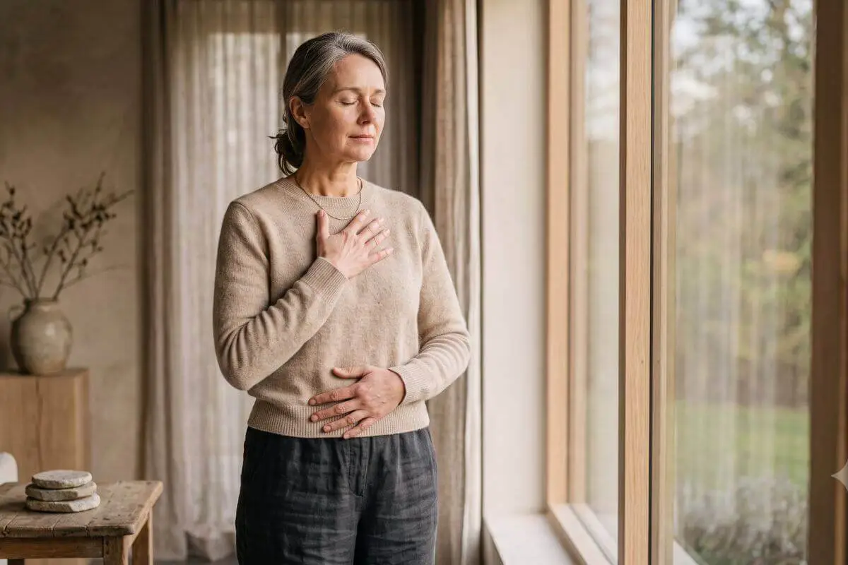 Vrouw staat bij het raam met een hand op haar hart en haar buik terwijl ze haar zenuwstelsel kalmeert