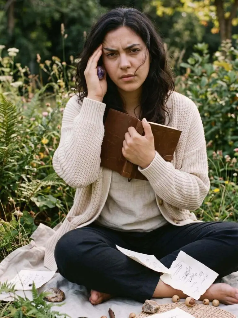 Vrouw zit in de tuin met een dagboek en voelt spanning, als beeld bij het herkennen van triggers