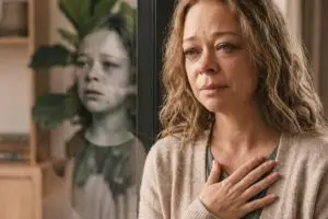 Vrouw met haar hand op haar borst terwijl haar jongere zelf weerspiegeld wordt in het raam naast haar