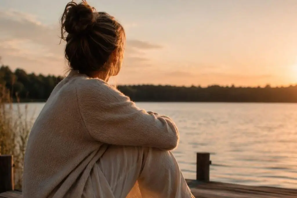 Vrouw zit bij zonsondergang aan het water en ervaart rust als beeld voor veilige hechting opbouwen als volwassene
