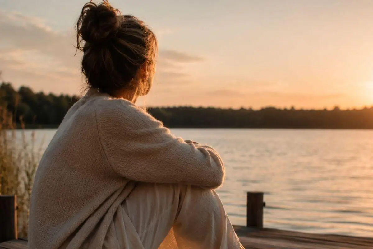 Vrouw zit bij zonsondergang aan het water en ervaart rust als beeld voor veilige hechting opbouwen als volwassene
