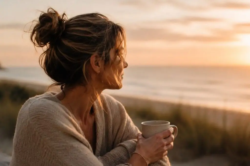 Vrouw houdt een kopje vast bij zonsondergang aan zee als beeld voor rust en veilige verbinding bij veilige hechting