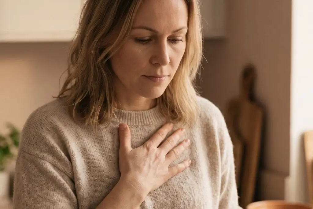 Vrouw staat in de keuken met haar hand op haar borst terwijl de spanning in haar lichaam oploopt