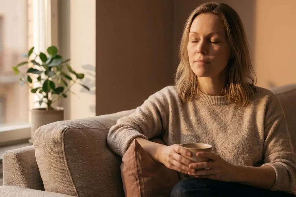 Vrouw zit ontspannen op de bank met een kop thee terwijl haar telefoon buiten handbereik ligt