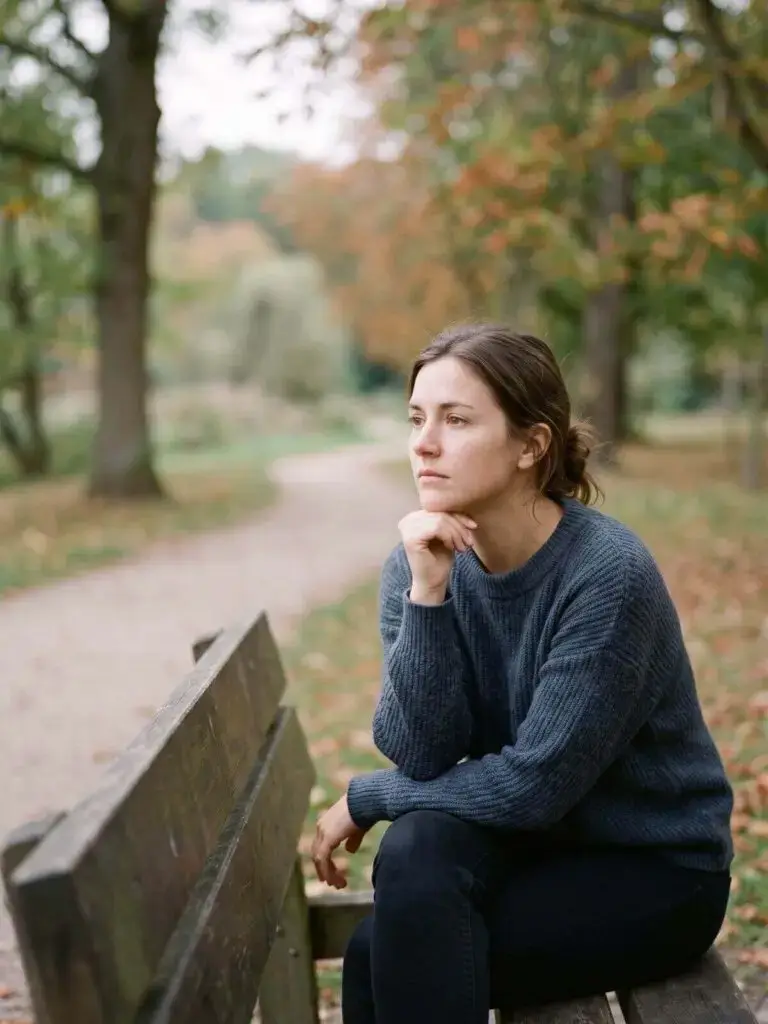 Vrouw zit alleen op een bankje in het park, voorbeeld van verlatingsangst