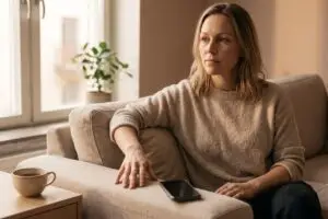 Vrouw zit op de bank met haar telefoon naast zich en kijkt voor zich uit terwijl ze wacht op een antwoord