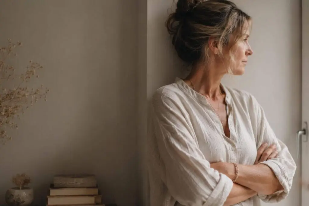 Vrouw leunt met gekruiste armen tegen de muur en houdt emotionele afstand als signaal van vermijdende hechting