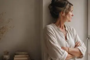 Vrouw leunt met gekruiste armen tegen de muur en houdt emotionele afstand als signaal van vermijdende hechting