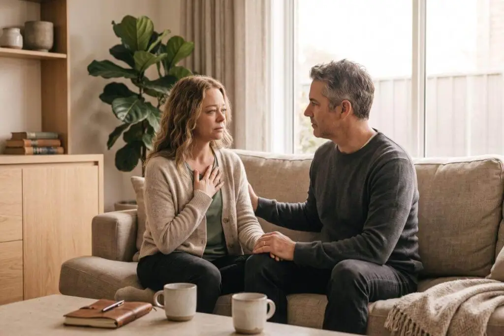 Vrouw met haar hand op haar borst in rustig gesprek met haar partner op de bank