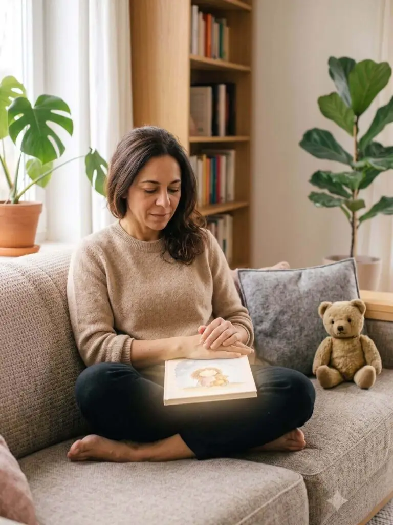 Vrouw zit rustig op de bank met een kinderboek en teddybeer, symbool voor werken met het innerlijk kind