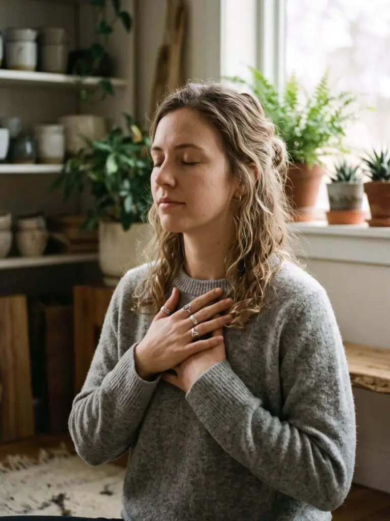 Vrouw staat rustig met haar handen op haar hart en ogen gesloten, als beeld bij het reguleren van het zenuwstelsel