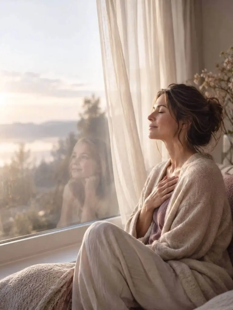 Vrouw in diepe ontspanning tijdens een innerlijke reis met een weerspiegeling van haar jongere zelf