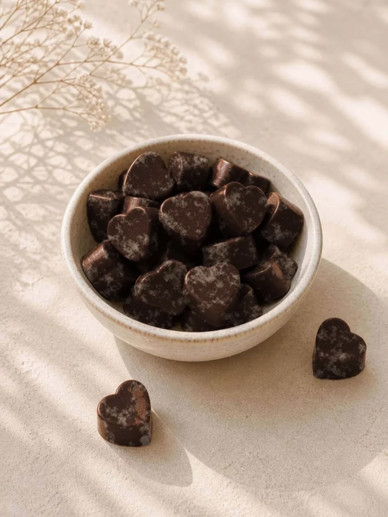 Mini Choco Bliss: kleine cacaohartjes met een natuurlijk wit laagje in een stenen schaal, handgemaakt door Helen Adriana